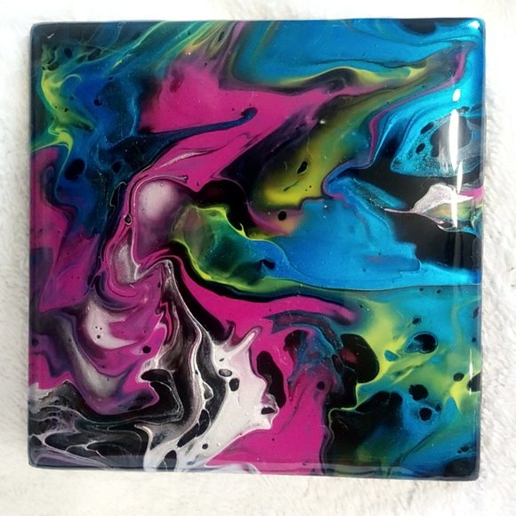 Hand Crafted Painted Tile Coasters Metallic Acrylic Fluid Art Painting Home - Picture 3 of 11